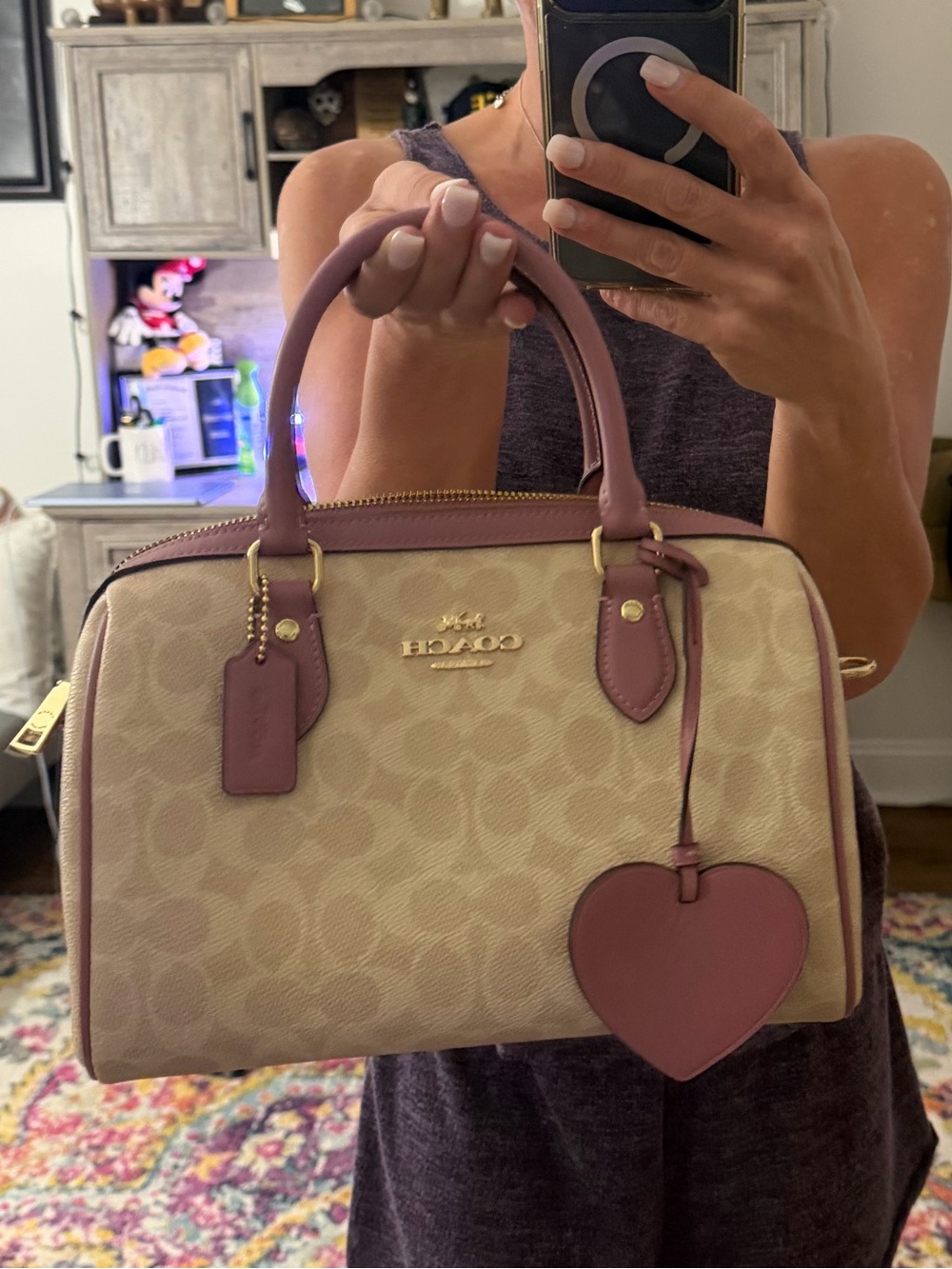 Coach Beige Signature Canvas Satchel with Dusty Rose Trim